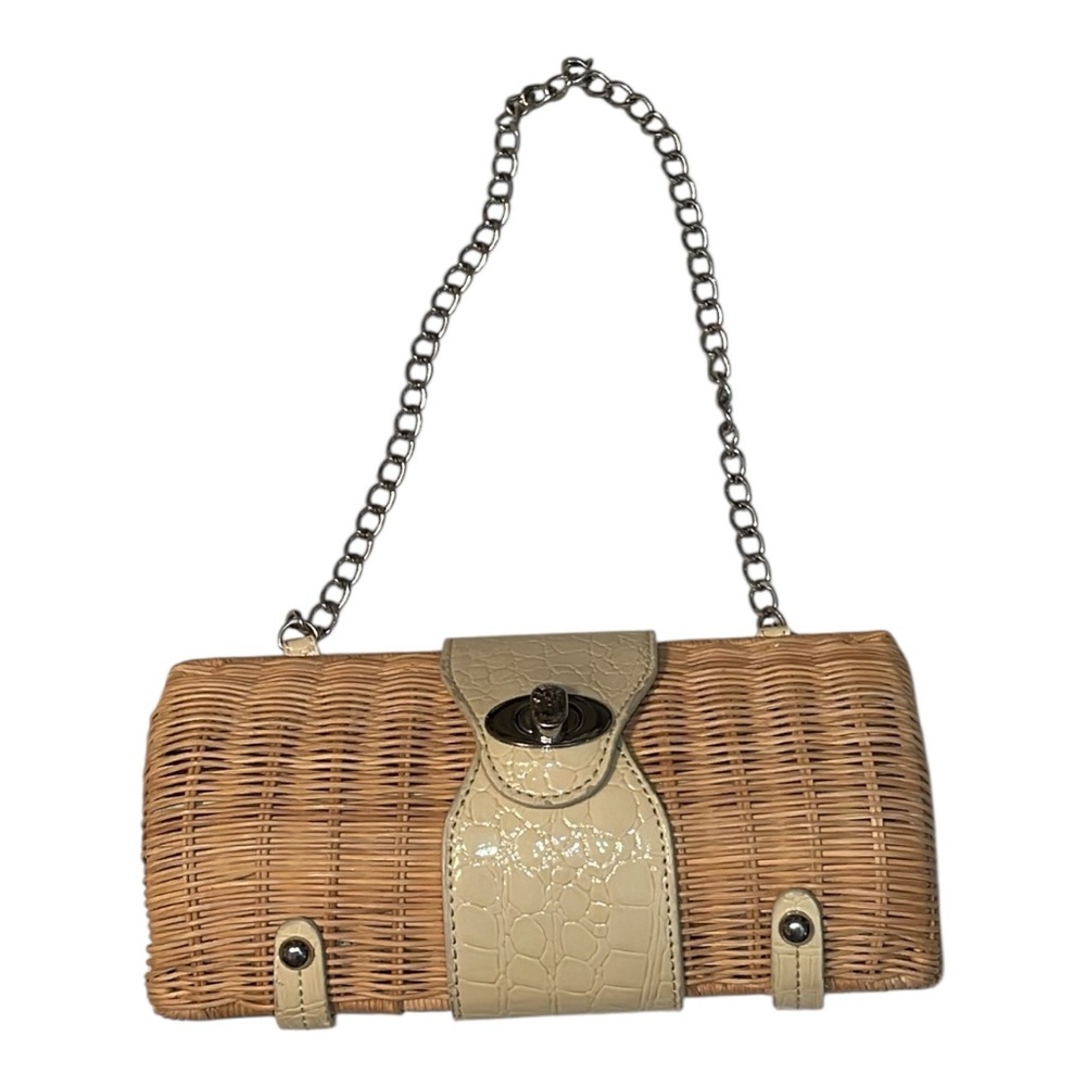 Tan and Cream Mini basket Bag with Chain Strap. Ivory and silver finishings - Picture 4 of 12